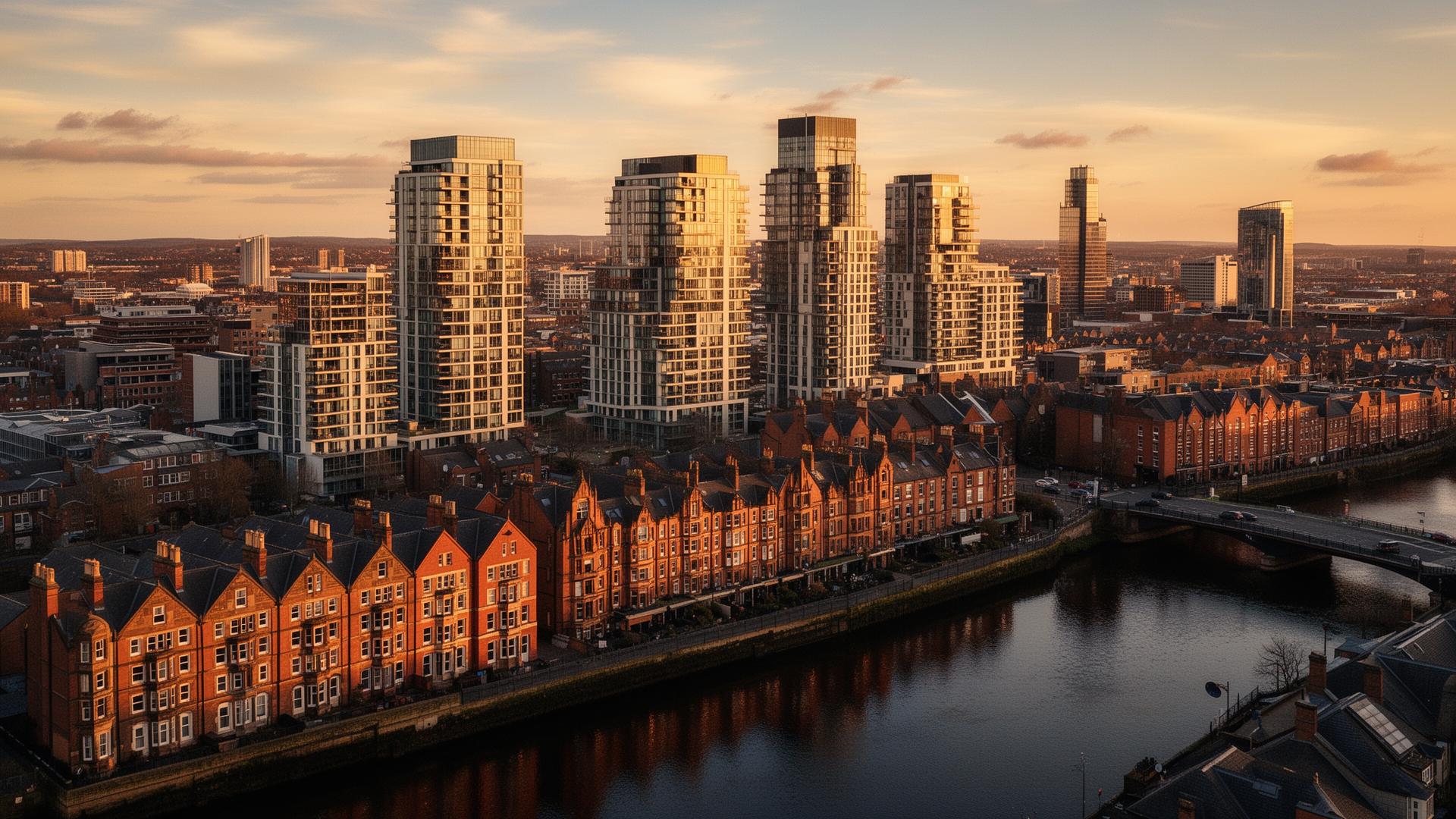 Northern English city skyline at golden hour
